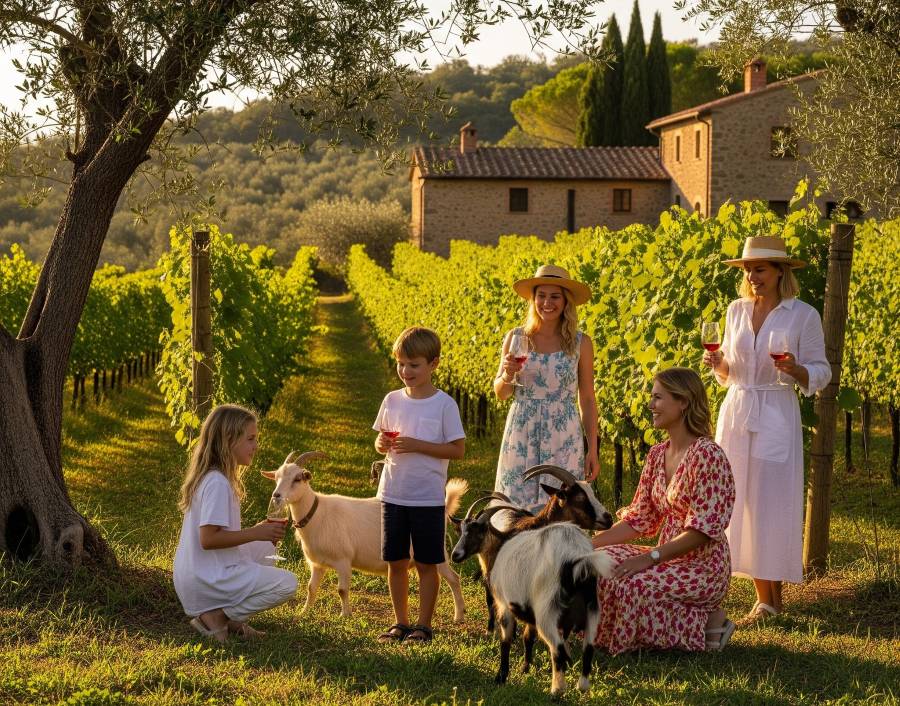 Family enjoying a private Chianti wine tour in Tuscany with wine tasting and an animal farm visit