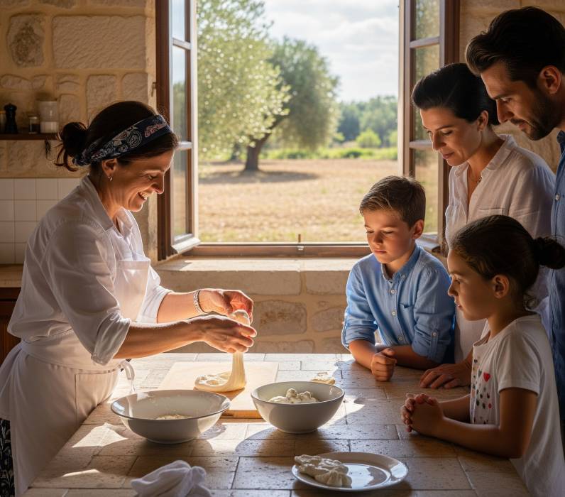 Local cheesemaker crafting fresh burrata by hand during a private masterclass in the Puglian countryside