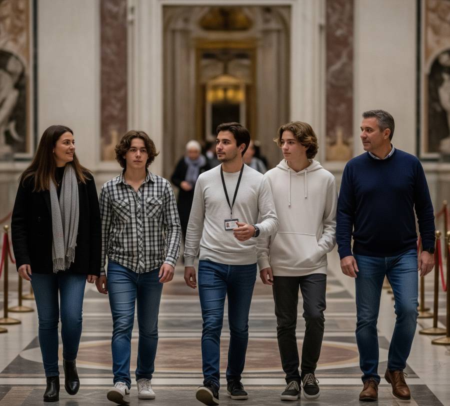 Private early-access Vatican tour with guide and family walking through the quiet galleries of the Vatican Museums