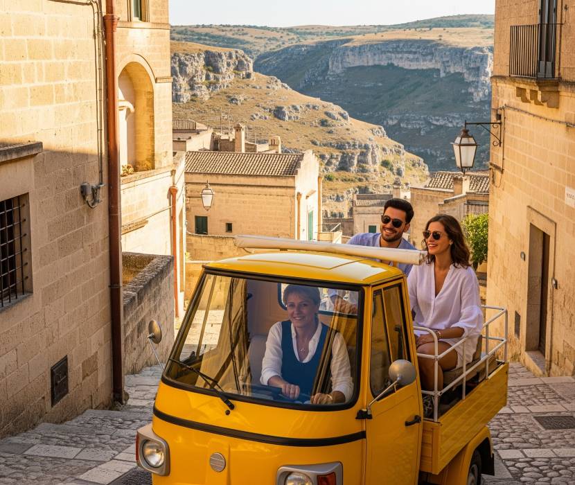 Private Ape Calessino tour through the historic Sassi di Matera with stunning panoramic views