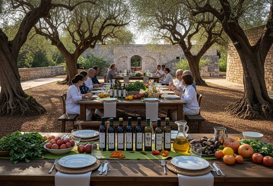 Private olive oil tasting and farm-to-table lunch under olive trees at a historic estate in Puglia