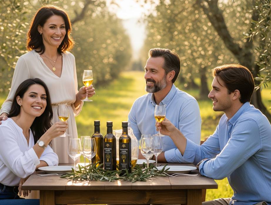 Private olive oil tasting in a Tuscan grove with glassware, olive branches, and golden EVOO under soft sunlight