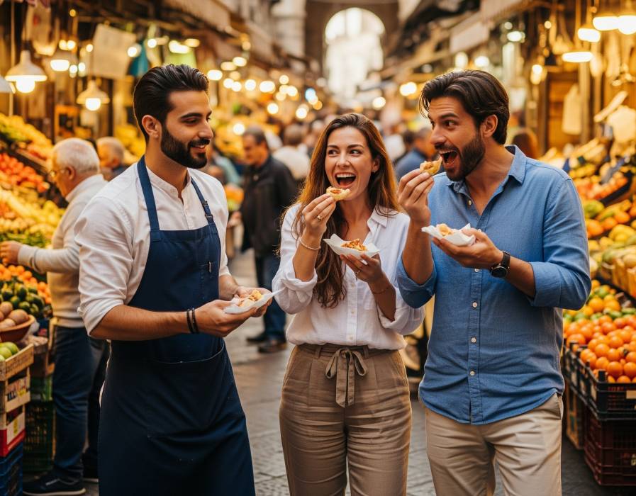 Refined travel couple enjoying a private street food tour in Palermo’s lively Capo Market with Sicilian snacks and a local guide