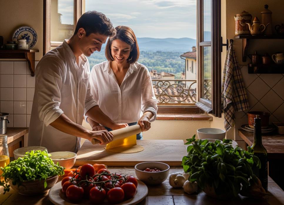 Family learning to make pasta from scratch during a private cooking class in Florence