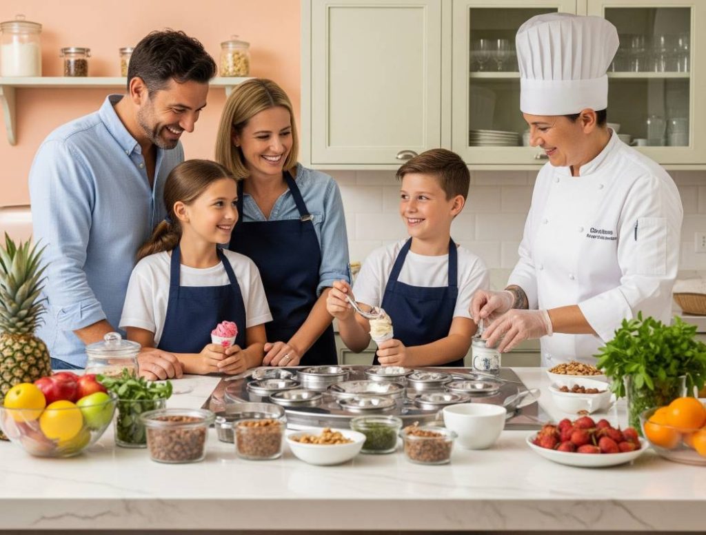 Family enjoying a private pizza and gelato-making class in Rome with a local chef