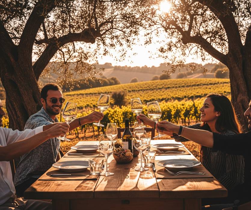 A rustic wooden table set outdoors beneath olive trees, with wine glasses raised in a toast, surrounded by Puglian vineyards glowing in golden afternoon light.