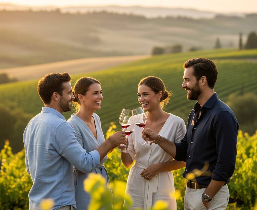 Couples enjoying private wine tasting with vineyard views in Chianti, Tuscany