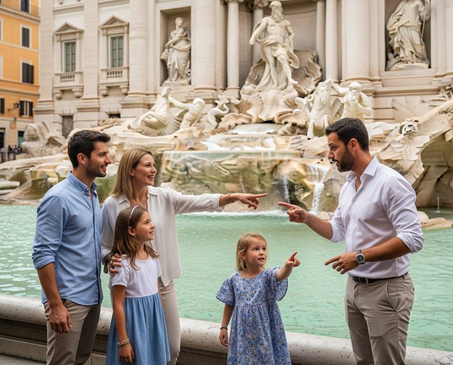 Family with children on a private myths and legends tour of Rome near the Trevi Fountain