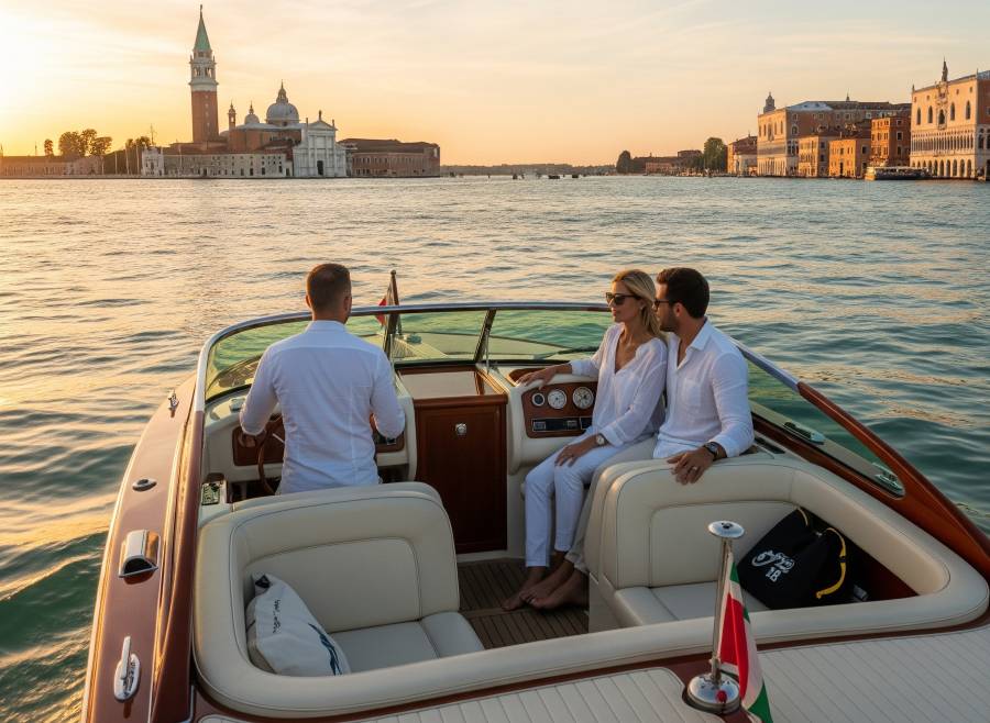 Couple cruising on a private Riva yacht through the Venetian Lagoon at sunset
