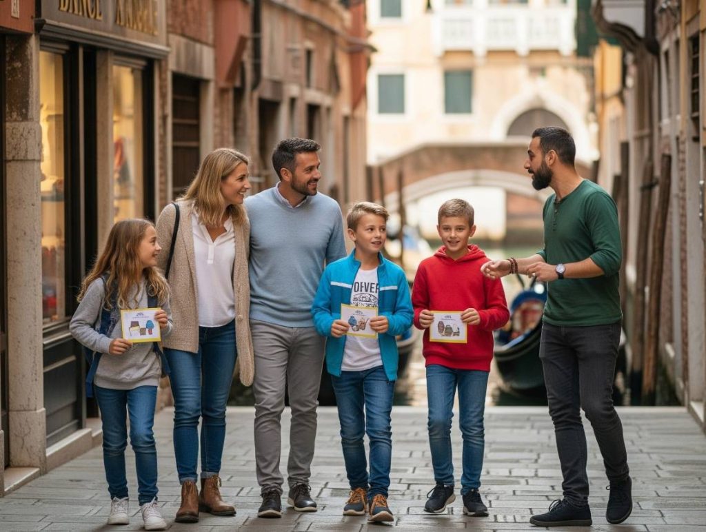 Family with children on a private Venice scavenger hunt exploring hidden alleys with a guide