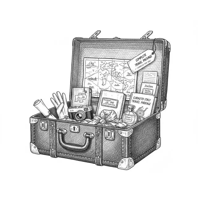 Classic travel trunk sketch representing curated recommendations and a complete Italy travel package with Nancy Aiello Tours.