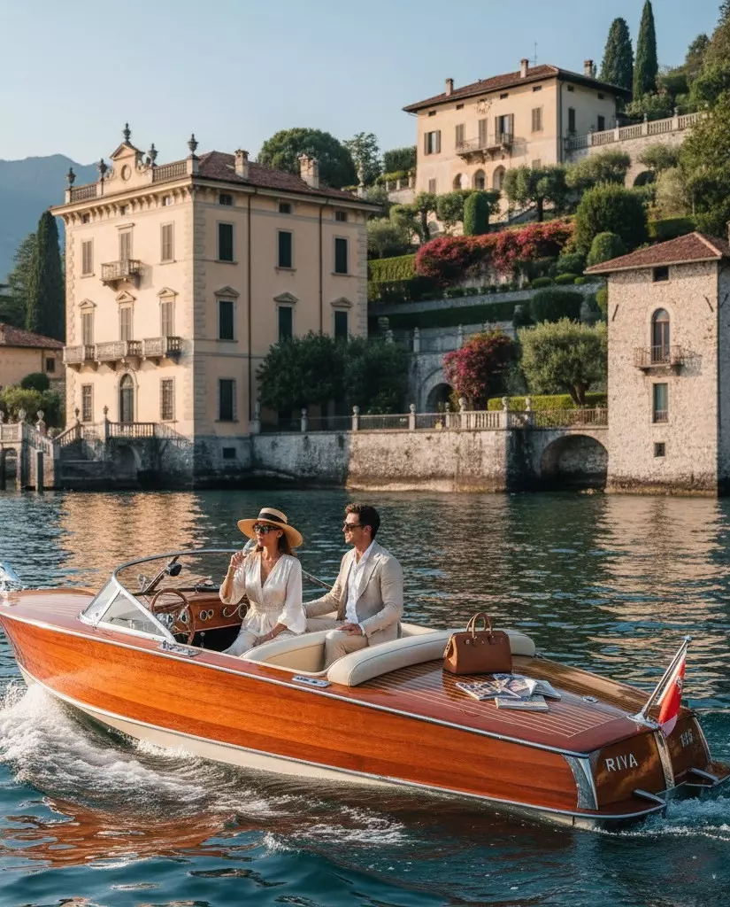 Elegant speedboat cruising on Lake Como with luxury villa backdrop.