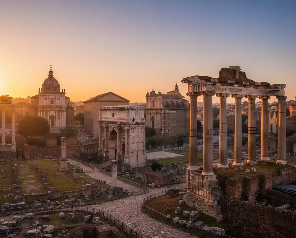 Roman Forum illuminated at nightfall, luxury private Rome experience.