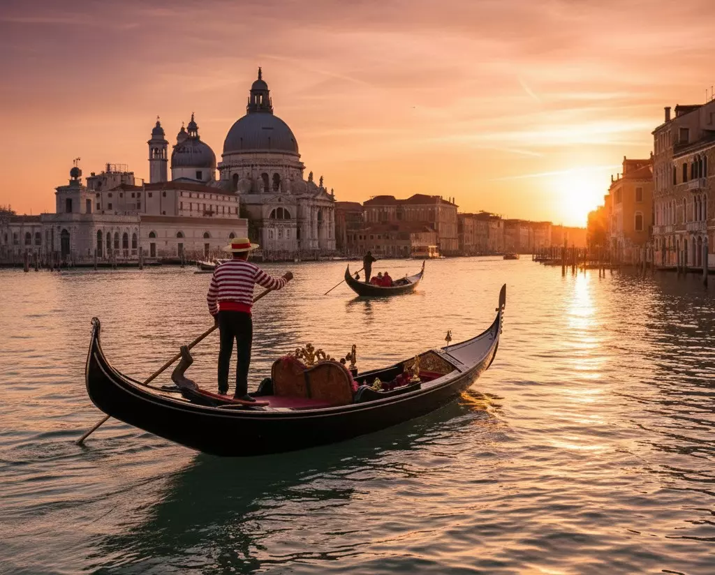 Luxury gondola ride at sunset on Venice’s Grand Canal with Santa Maria della Salute.