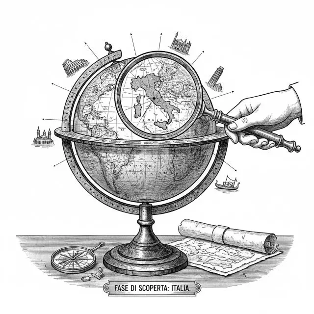 Vintage globe with magnifying glass highlighting Italy, symbolizing the discovery phase of luxury Italy travel with Nancy Aiello Tours.