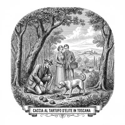 Vintage illustration of a truffle hunt in Tuscany representing exclusive Italian culinary experiences by Nancy Aiello Tours.