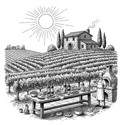 Vintage illustration of Italian vineyards representing bespoke culinary journeys by Nancy Aiello Tours.