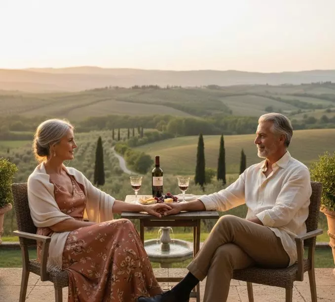 Elegant anniversary moment in Tuscany with a couple enjoying a private countryside view at golden hour during a luxury tailored Italy journey, with Nancy Aiello Tours.