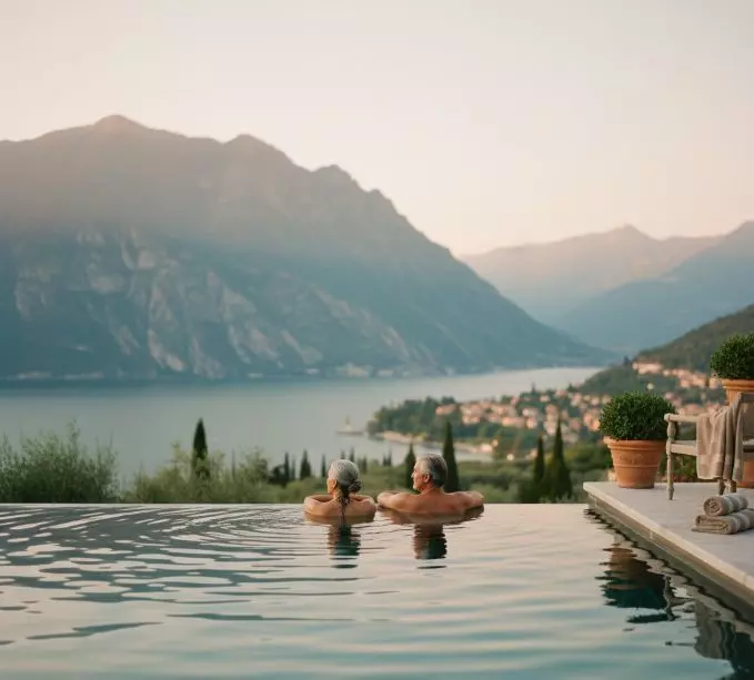Relaxing slow-travel wellness retreat in Lake Garda with panoramic countryside views, spa rituals, and serene luxury Italy travel with Nancy Aiello Tours.